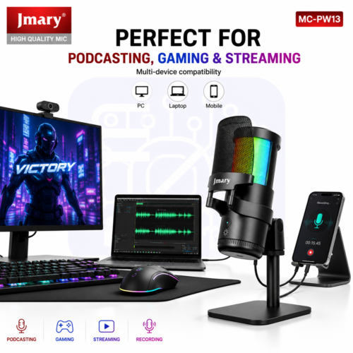 Microphone USB RGB pour PC & Mobile avec Réglage du Gain, Touche Mute et Connexion USB/Type-C – MC-PW13