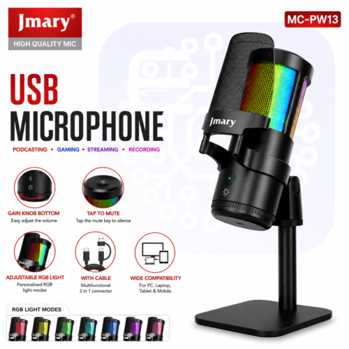 Microphone USB RGB pour PC & Mobile avec Réglage du Gain, Touche Mute et Connexion USB/Type-C – MC-PW13