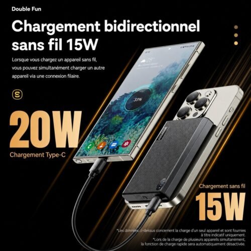 Power Bank Magnétique 10000mAh 15W Sans Fil PD 20W USB-C avec Écran LED pour iPhone MagSafe et Smartphones