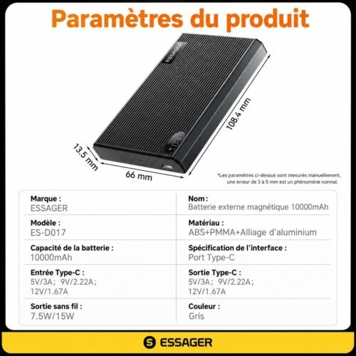 Power Bank Magnétique 10000mAh 15W Sans Fil PD 20W USB-C avec Écran LED pour iPhone MagSafe et Smartphones