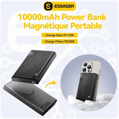 Power Bank Magnétique 10000mAh 15W Sans Fil PD 20W USB-C avec Écran LED pour iPhone MagSafe et Smartphones