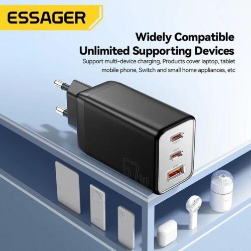 Chargeur Secteur 67W GaN USB-C x2 + USB-A Charge Rapide PD QC 3 Ports Universel