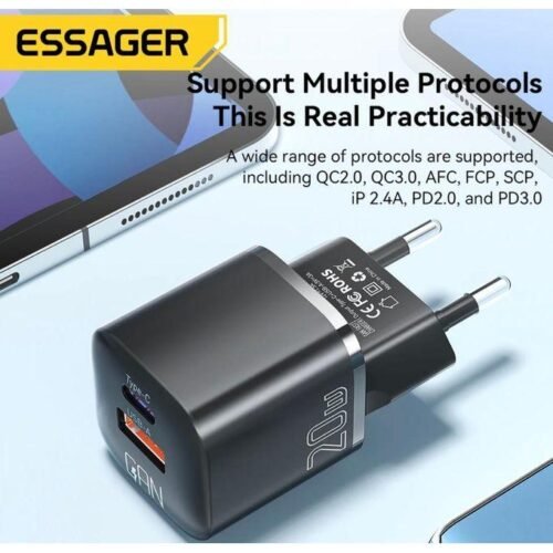 Chargeur Secteur Mini 20W GaN USB-C + USB-A Charge Rapide PD QC Universel