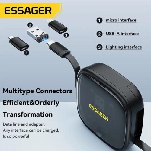 Kit Câble Rétractable Multifonction USB-C, Lightning & Micro USB avec Adaptateurs et Rangement