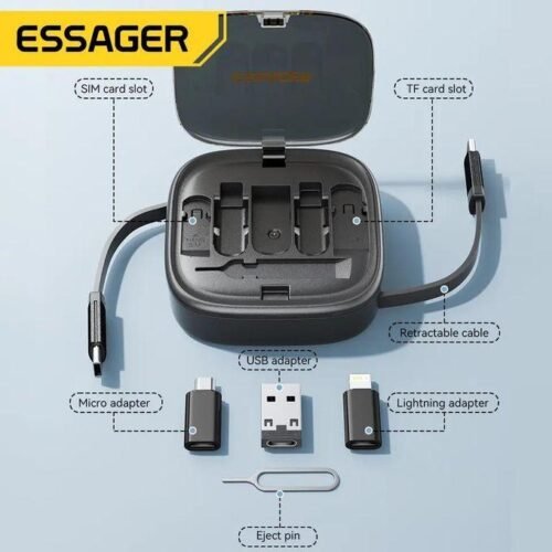 Kit Câble Rétractable Multifonction USB-C, Lightning & Micro USB avec Adaptateurs et Rangement