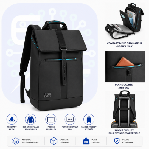 Sac à Dos Ordinateur Portable 15,6” Étanche avec Poche Antivol et Sangle Trolley – Grande Capacité