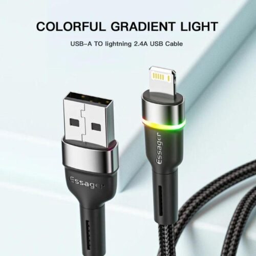 Câble USB vers Lightning 2.4A Charge Rapide avec Indicateur LED RGB – Transfert de Données 480 Mbps – Câble Tressé Renforcé
