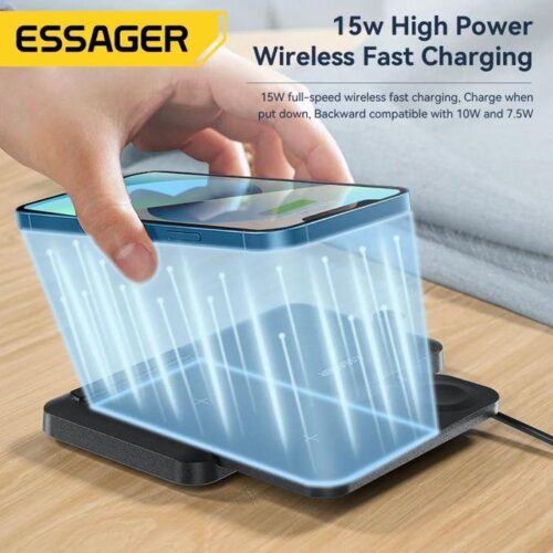 Station de Charge Sans Fil 4-en-1 15W – Chargeur Rapide pour Smartphone, Montre Connectée, Écouteurs et Stylet