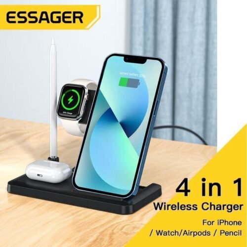Station de Charge Sans Fil 4-en-1 15W – Chargeur Rapide pour Smartphone, Montre Connectée, Écouteurs et Stylet