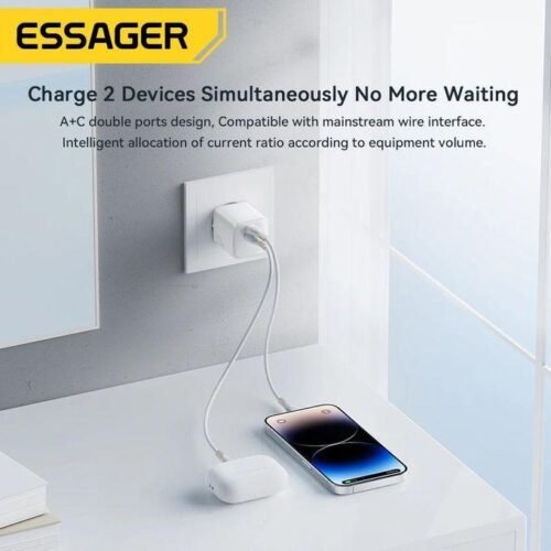 Chargeur Secteur GaN 33W USB-C + USB-A – Charge Rapide PD/QC Double Port pour Smartphone, Tablette et iPhone
