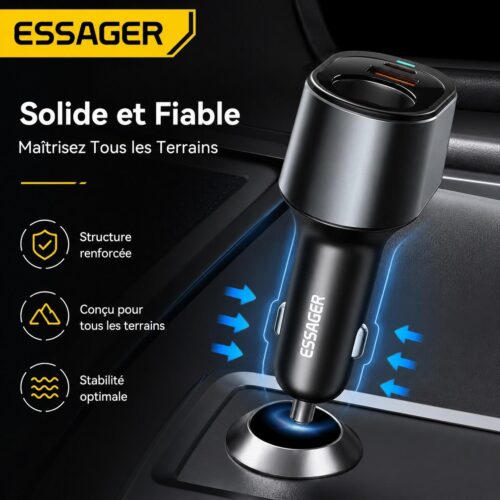 Adaptateur Allume-Cigare 120W avec USB-A 30W, USB-C 35W et Prise d’Extension 85W pour Voiture