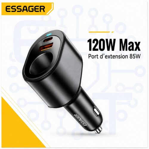 Adaptateur Allume-Cigare 120W avec USB-A 30W, USB-C 35W et Prise d’Extension 85W pour Voiture