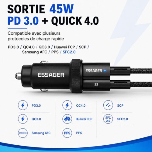 Chargeur Voiture Rapide 45W USB-C PD 3.0 + USB-A QC – Double Port 12V/24V avec Protection Intelligente