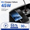 Chargeur Voiture Rapide 45W USB-C PD 3.0 + USB-A QC – Double Port 12V/24V avec Protection Intelligente