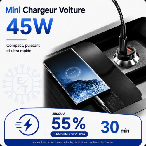 Chargeur Voiture Rapide 45W USB-C PD 3.0 + USB-A QC – Double Port 12V/24V avec Protection Intelligente