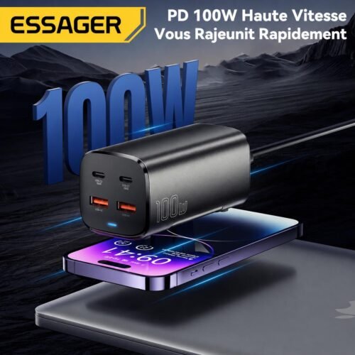 Chargeur de Bureau GaN 100W 4 Ports – 2 USB-C + 2 USB-A avec Charge Rapide PD et QC