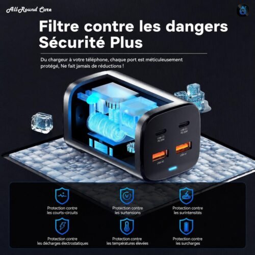 Chargeur de Bureau GaN 100W 4 Ports – 2 USB-C + 2 USB-A avec Charge Rapide PD et QC