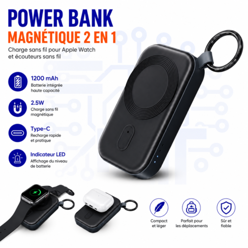 Power Bank Magnétique Sans Fil 1200 mAh pour Apple Watch & Écouteurs – Recharge USB-C