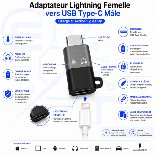 Adaptateur Lightning Femelle vers USB Type-C Mâle – Charge Rapide, Audio & Microphone, Plug & Play