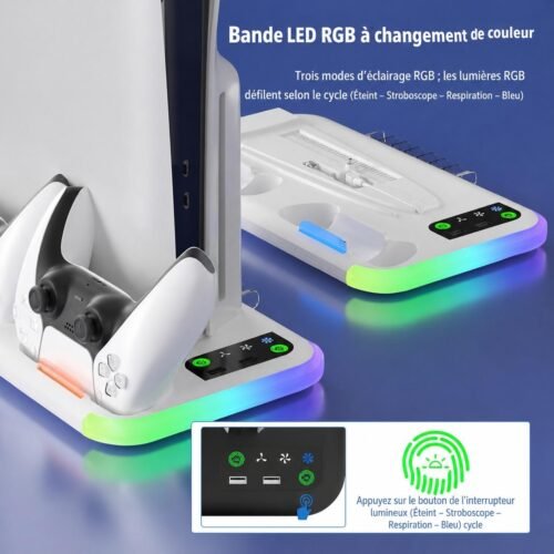 Station de Refroidissement Multifonction pour PS5 Slim & PS5 Pro avec Charge Double, Ventilateur RGB