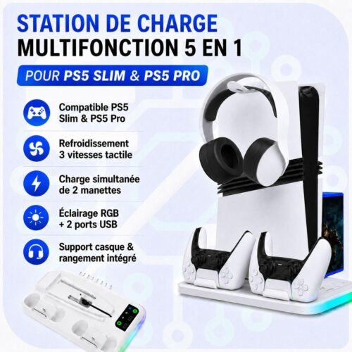 Station de Refroidissement Multifonction pour PS5 Slim & PS5 Pro avec Charge Double, Ventilateur RGB