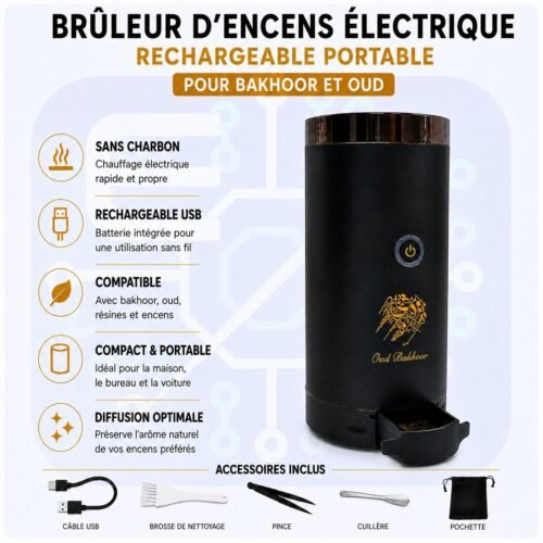 Brûleur d'Encens Électrique Rechargeable Portable pour Bakhoor et Oud pour Maison, Bureau et Voiture