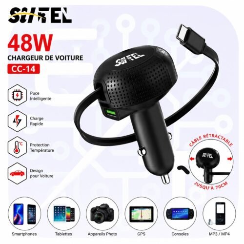Chargeur Voiture 48W USB + Câble USB-C Rétractable 70 cm – Charge Rapide CC-14