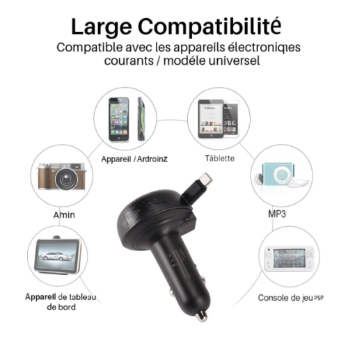 Chargeur Voiture 48W USB + Câble USB-C Rétractable 70 cm – Charge Rapide CC-14