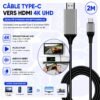 Câble USB Type-C vers HDMI 4K UHD 2M – Sortie Vidéo Audio Haute Vitesse Plug & Play