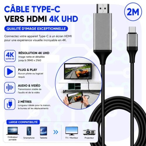 Câble USB Type-C vers HDMI 4K UHD 2M – Sortie Vidéo Audio Haute Vitesse Plug & Play