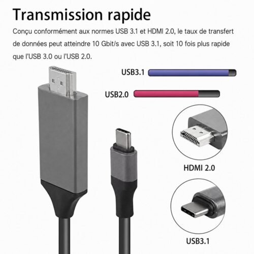 Câble USB Type-C vers HDMI 4K UHD 2M – Sortie Vidéo Audio Haute Vitesse Plug & Play