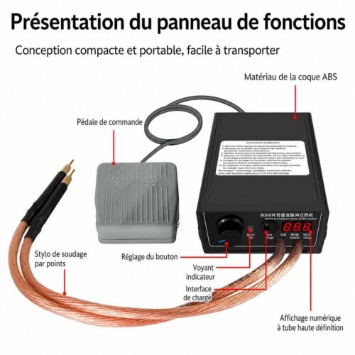 Soudeuse par Points Portable 8000W à Double Impulsion avec Pédale et Affichage Numérique LED Rechargeable