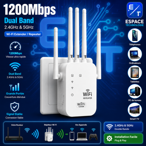 Répéteur Wi-Fi 1200Mbps Double Bande 2.4GHz/5GHz – Amplificateur de Signal Longue Portée 6 Antennes