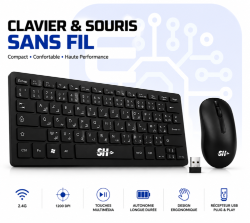 Clavier & Souris Sans Fil X-62 AZERTY avec Lettres Arabes – 2.4GHz, 1200 DPI, Récepteur USB