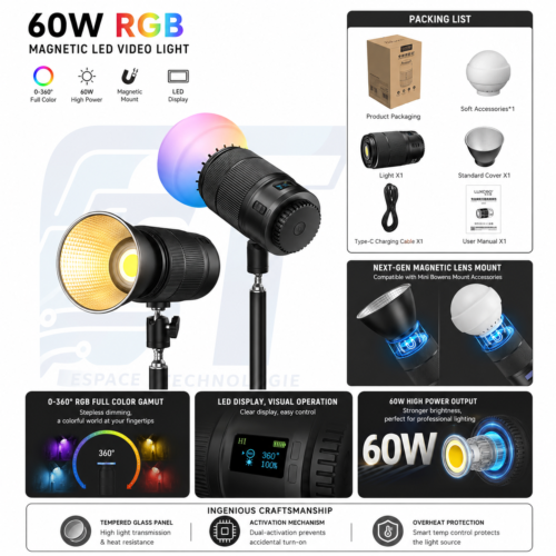 Lampe LED Vidéo RGB 60W Rechargeable – Éclairage Photo & Vidéo 360° avec Monture Magnétique et Écran LCD