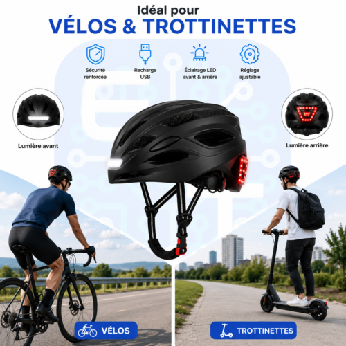 Casque de Vélo & Trottinette avec Éclairage LED Avant/Arrière Rechargeable USB et Taille Réglable