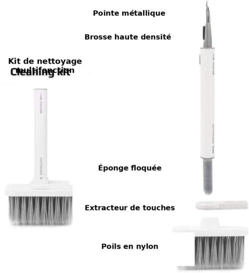 Kit de Nettoyage Multifonction 5 en 1 pour Clavier et Écouteurs avec Brosse, Embout Métallique et Extracteur de Touches