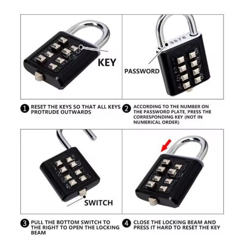 Cadenas à boutons à code personnalisable – 8 touches numérotées sans clé