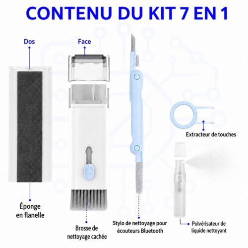 Kit de nettoyage 7 en 1 pour clavier, écouteurs, écrans et appareils électroniques avec pulvérisateur