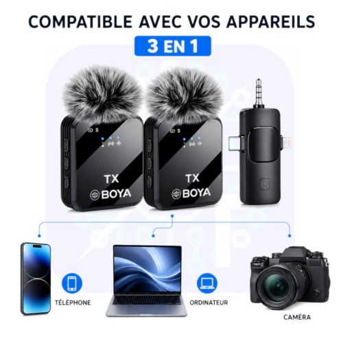 Kit de 2 Microphones Cravate BY.V10 Sans Fil 3 en 1 Récepteur Jack 3,5 mm, Type.C et Lightning Portée 20 m
