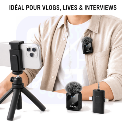 gvc.product.image_.1785001545253.bff5fa0b-1676-43f4-aec9-7f7b55994459.png Kit de 2 Microphones Cravate BY.V10 Sans Fil 3 en 1 Récepteur Jack 3,5 mm, Type.C et Lightning Portée 20 m
