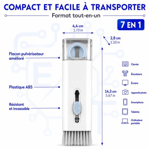 Kit de nettoyage 7 en 1 pour clavier, écouteurs, écrans et appareils électroniques avec pulvérisateur