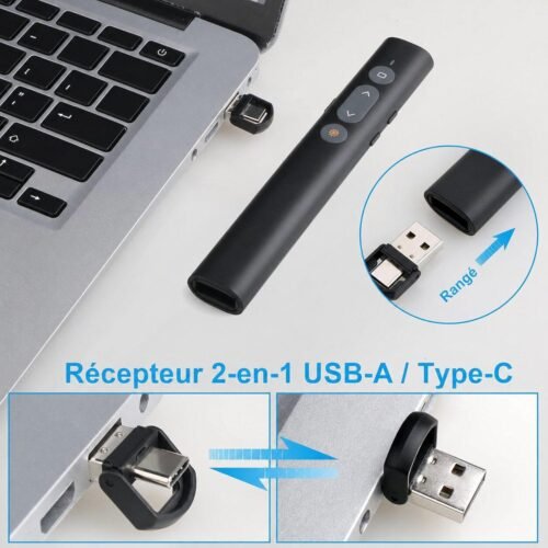 Pointeur de Présentation Sans Fil avec Laser Rouge et Récepteur 2-en-1 USB-A/Type-C - Pile AAA (non inclus)