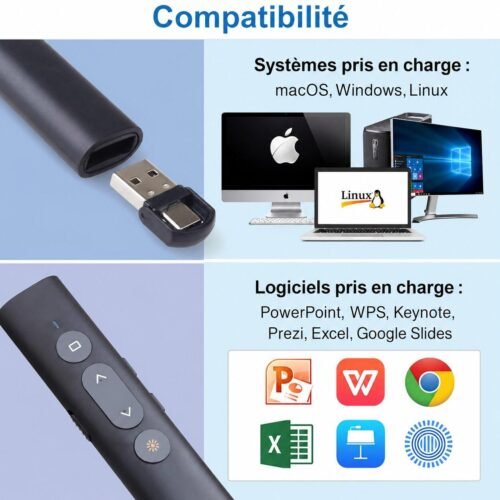 Pointeur de Présentation Sans Fil avec Laser Rouge et Récepteur 2-en-1 USB-A/Type-C - Pile AAA (non inclus)