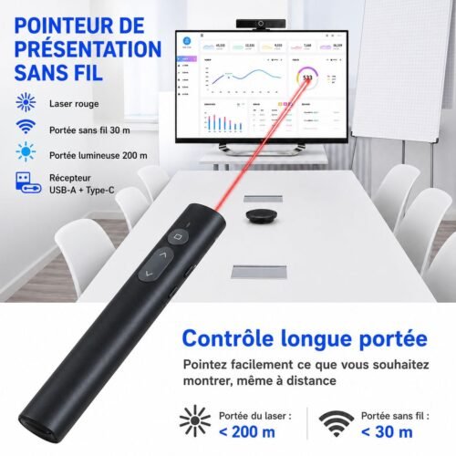 Pointeur de Présentation Sans Fil avec Laser Rouge et Récepteur 2-en-1 USB-A/Type-C - Pile AAA (non inclus)