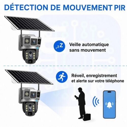 Caméra de Surveillance Solaire 4G 15 MP Triple Vue, PTZ 360°, Zoom Optique 10X, Détection PIR et IP66