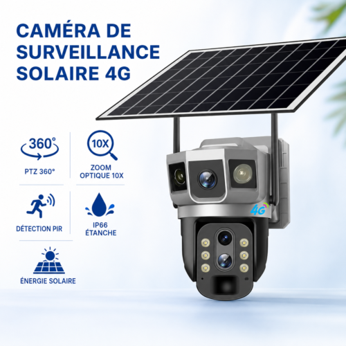 Caméra de Surveillance Solaire 4G 15 MP Triple Vue, PTZ 360°, Zoom Optique 10X, Détection PIR et IP66