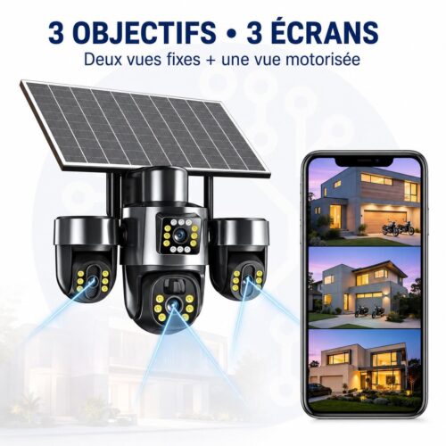 Caméra solaire 4G - 3 objectifs 3 écrans Caméra solaire 4G avec trois objectifs et trois vues simultanées