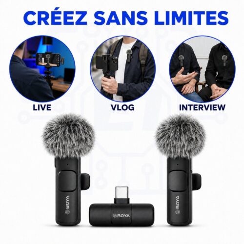 Kit de 2 Microphones Sans Fil BY MW3 avec Récepteur Type C Portée Supérieure à 20 m
