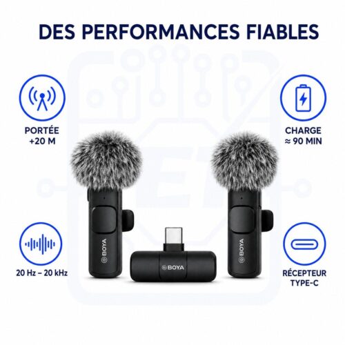 Kit de 2 Microphones Sans Fil BY MW3 avec Récepteur Type C Portée Supérieure à 20 m